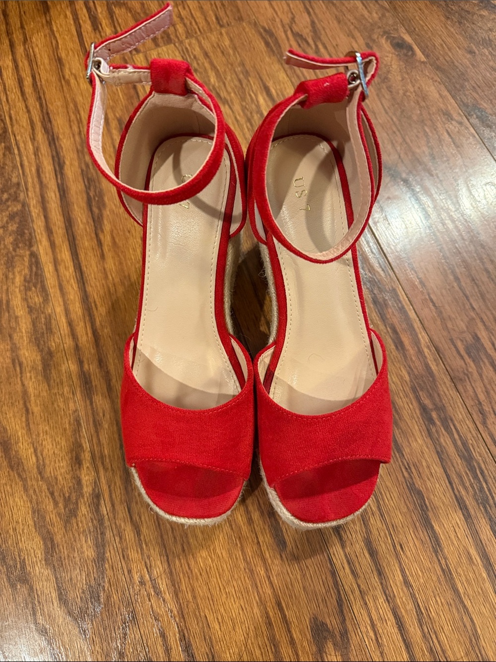Amazon Red Suede Ankle-Strap Wedge Sandals